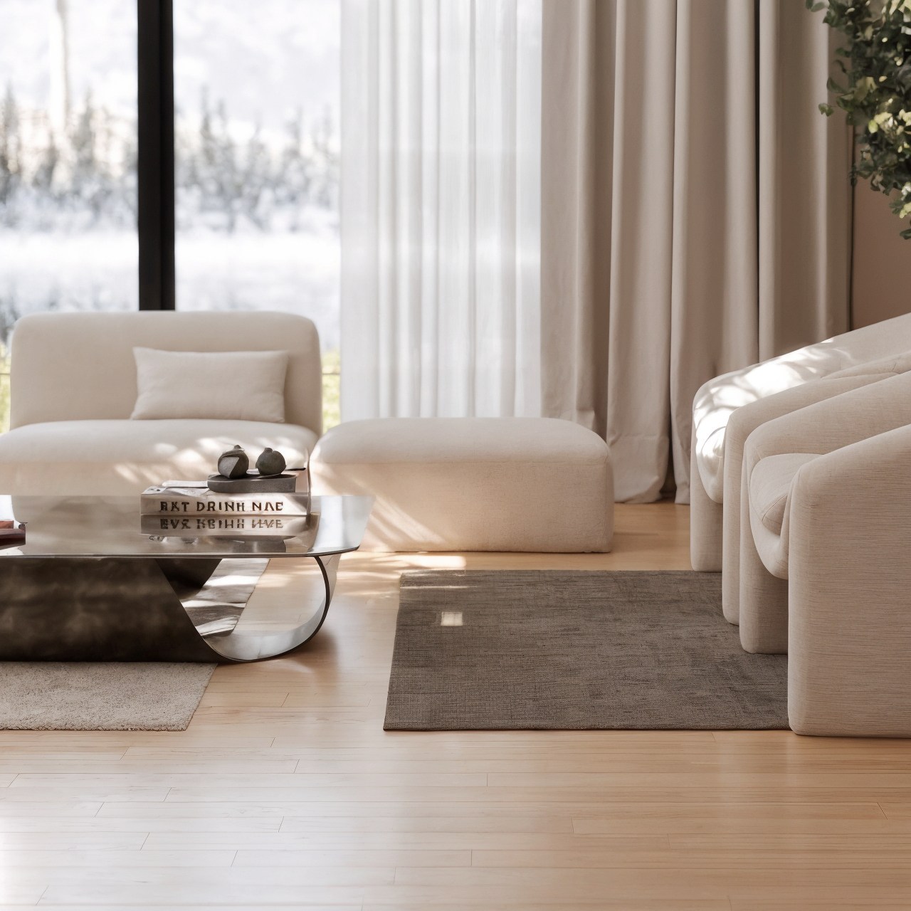 Cream seating group beside floor-to-ceiling curtains and a low stone coffee table.