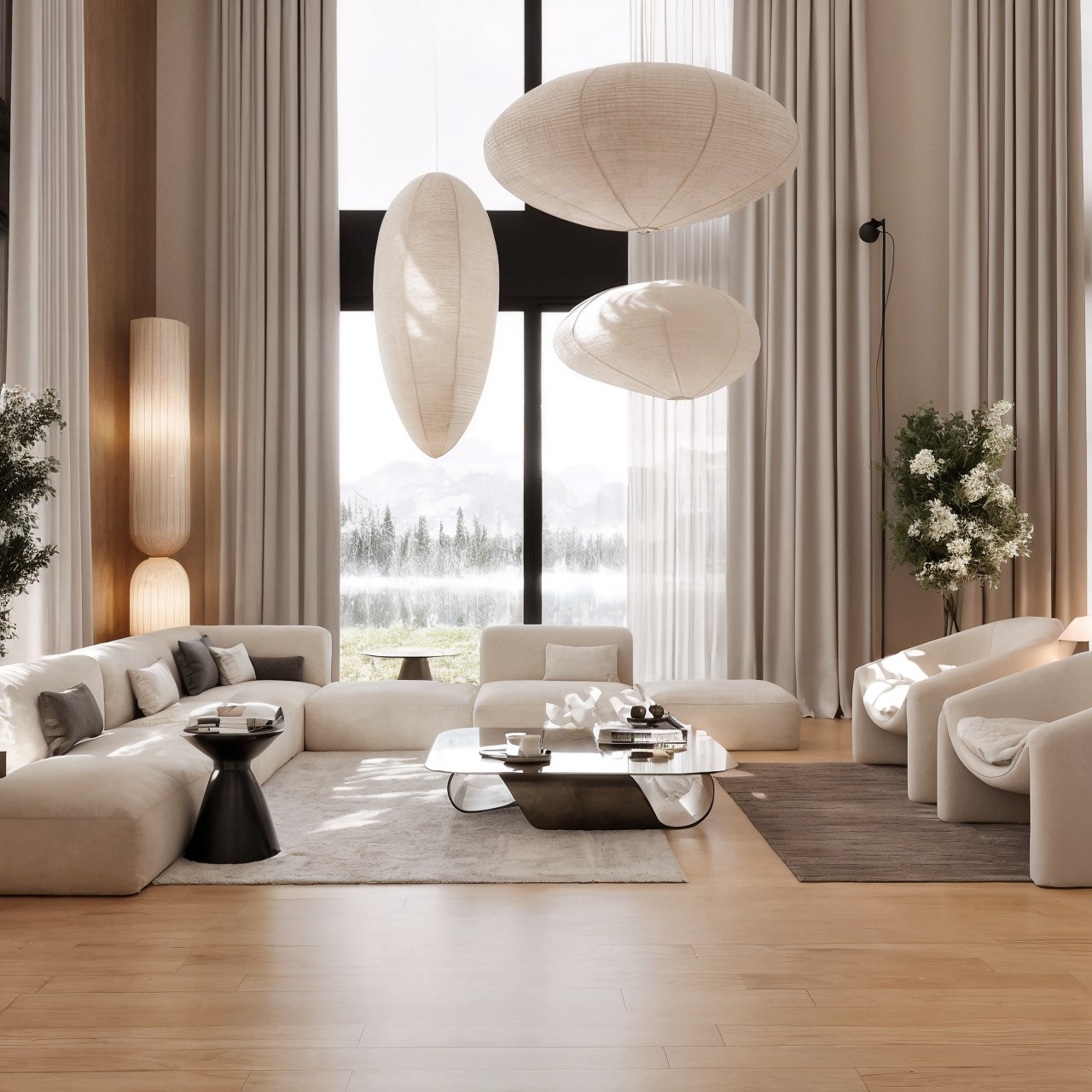 Double-height living room with curved cream sofas, timber wall panels and sculptural pendant lights.