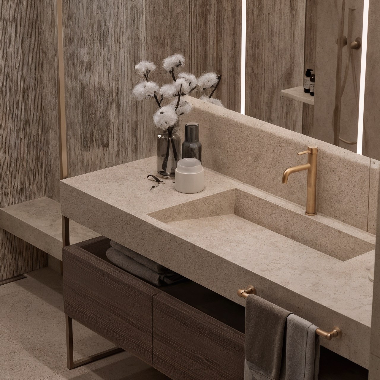 Long stone vanity with integrated basin, warm timber cabinetry and brass tap.