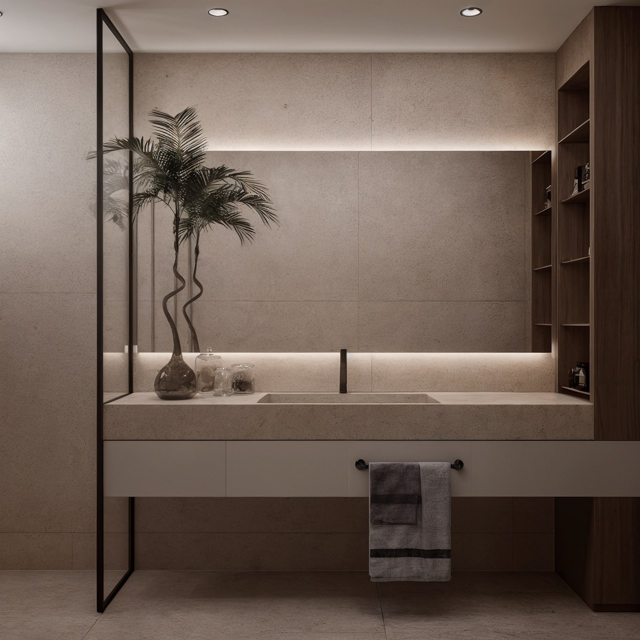 Minimal bathroom vanity with integrated stone basin, timber shelving and potted greenery.