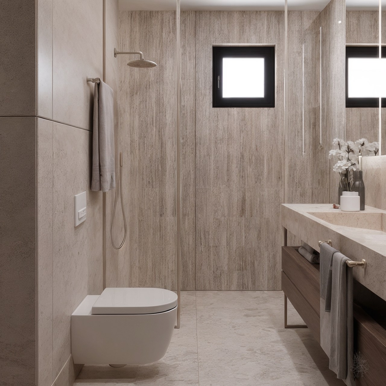 Bathroom overview with walk-in shower, wall-hung toilet and vanity in warm neutral finishes.