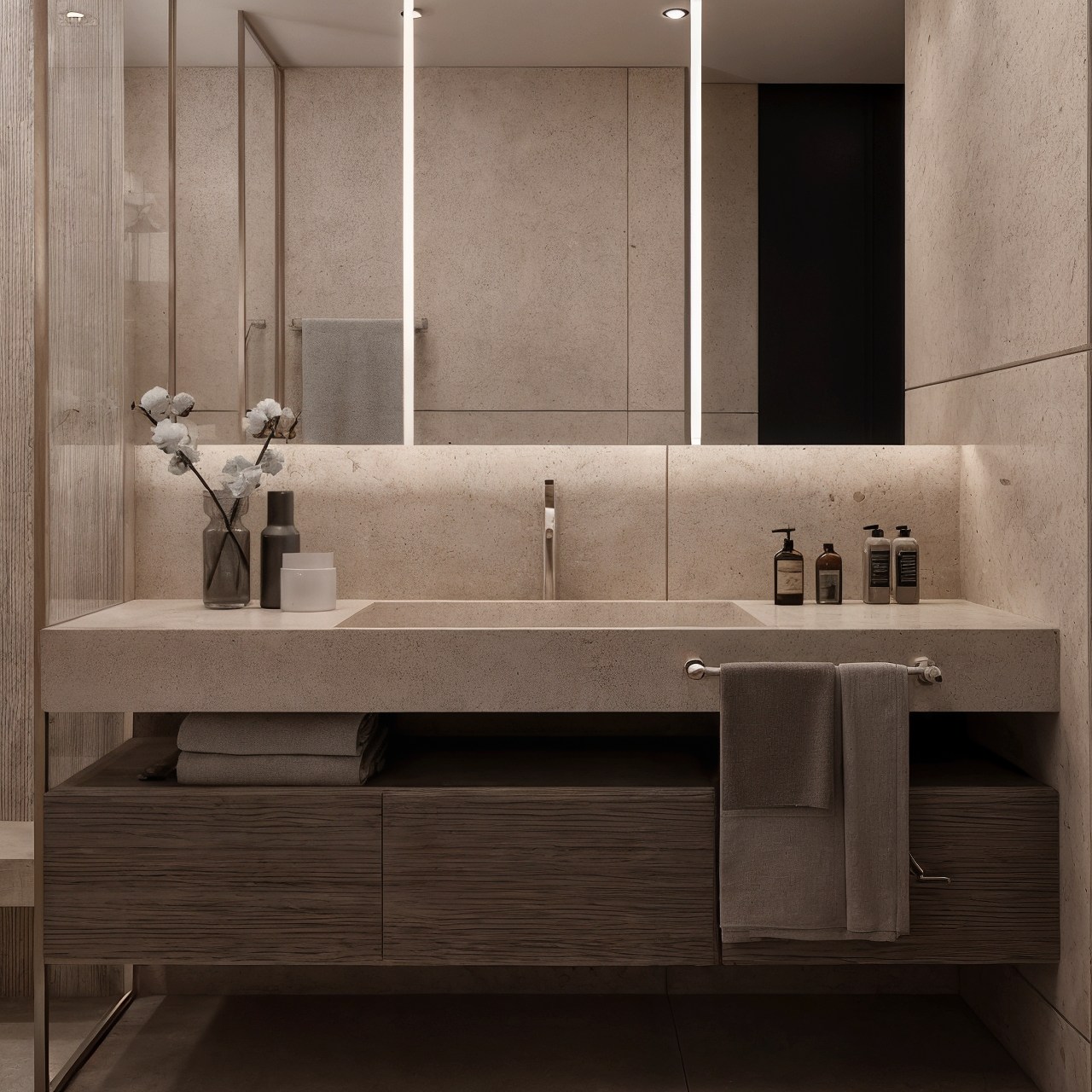 Floating dark timber vanity and stone basin beneath a large illuminated mirror.
