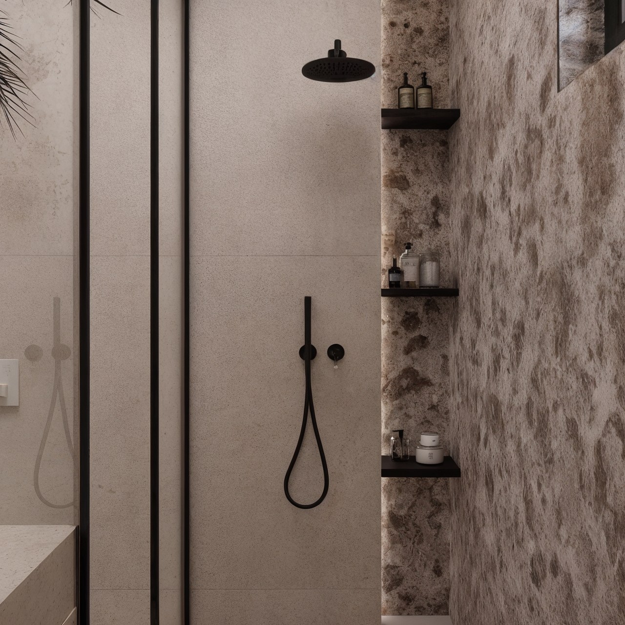 Walk-in shower with black rainfall fittings and a textured stone feature wall.
