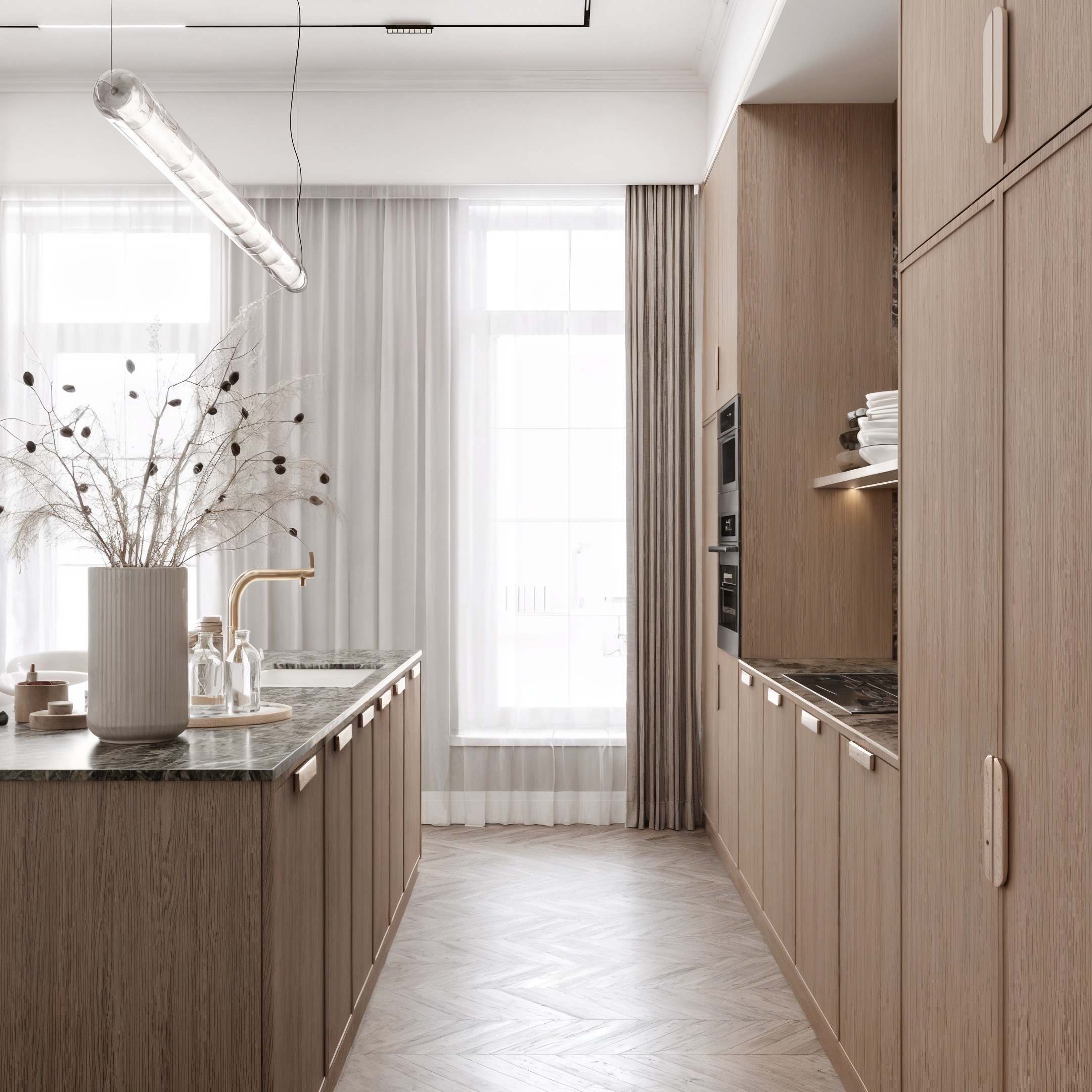 Galley kitchen with timber cabinetry, stone worktop and a full-height window.