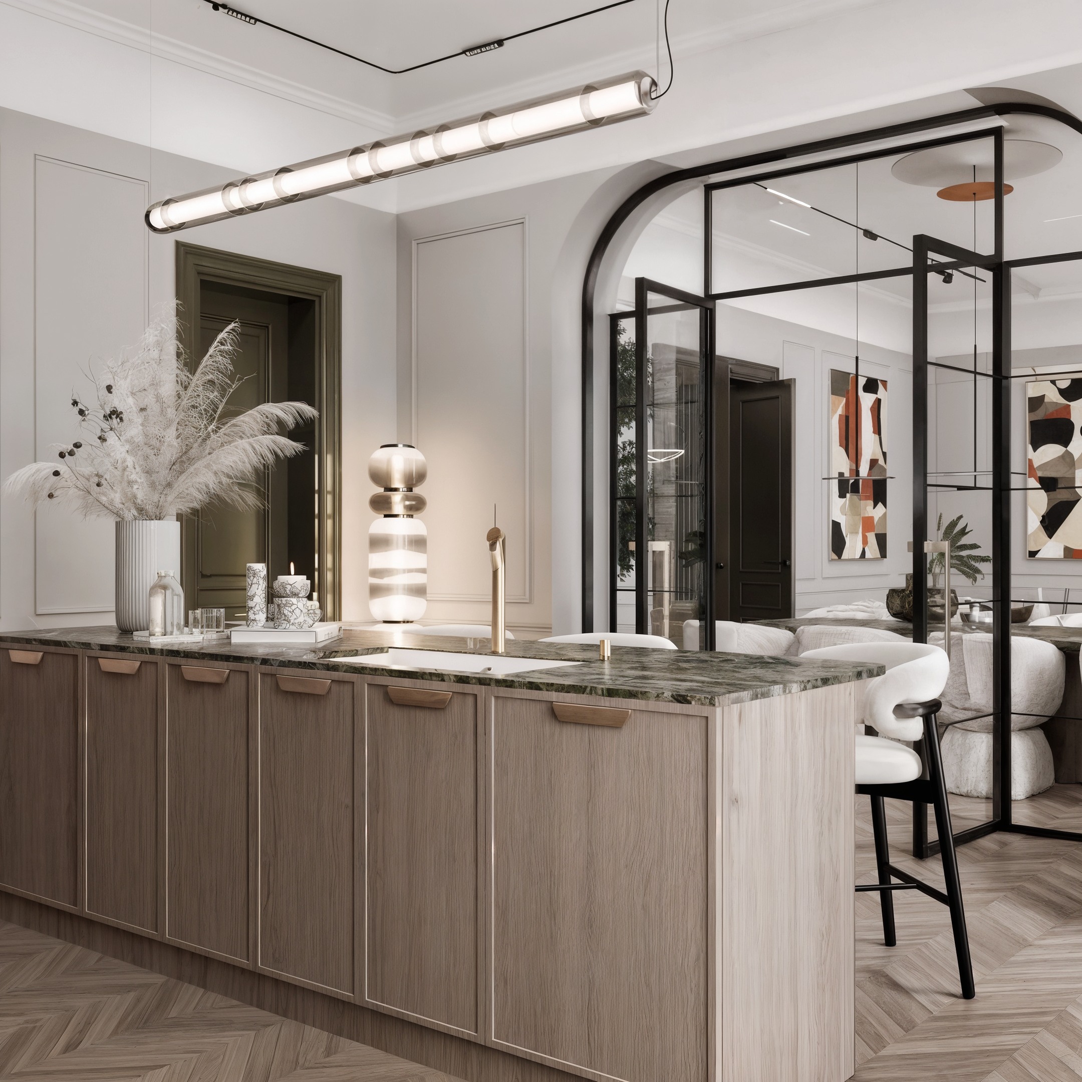 Timber kitchen island and bar stools framed by a black arched glass partition.