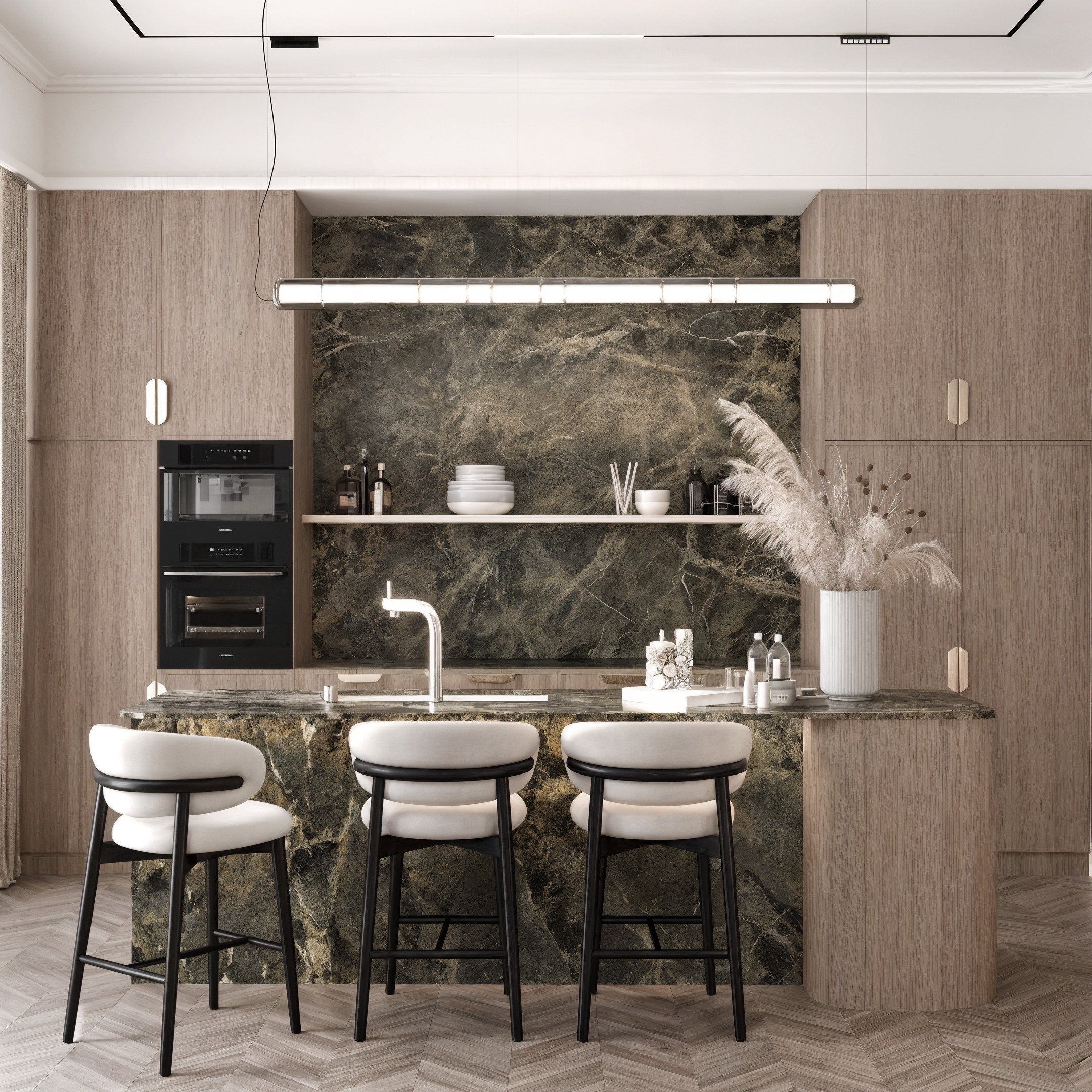 Kitchen island with dark veined stone worktop, four upholstered stools and timber cabinetry.