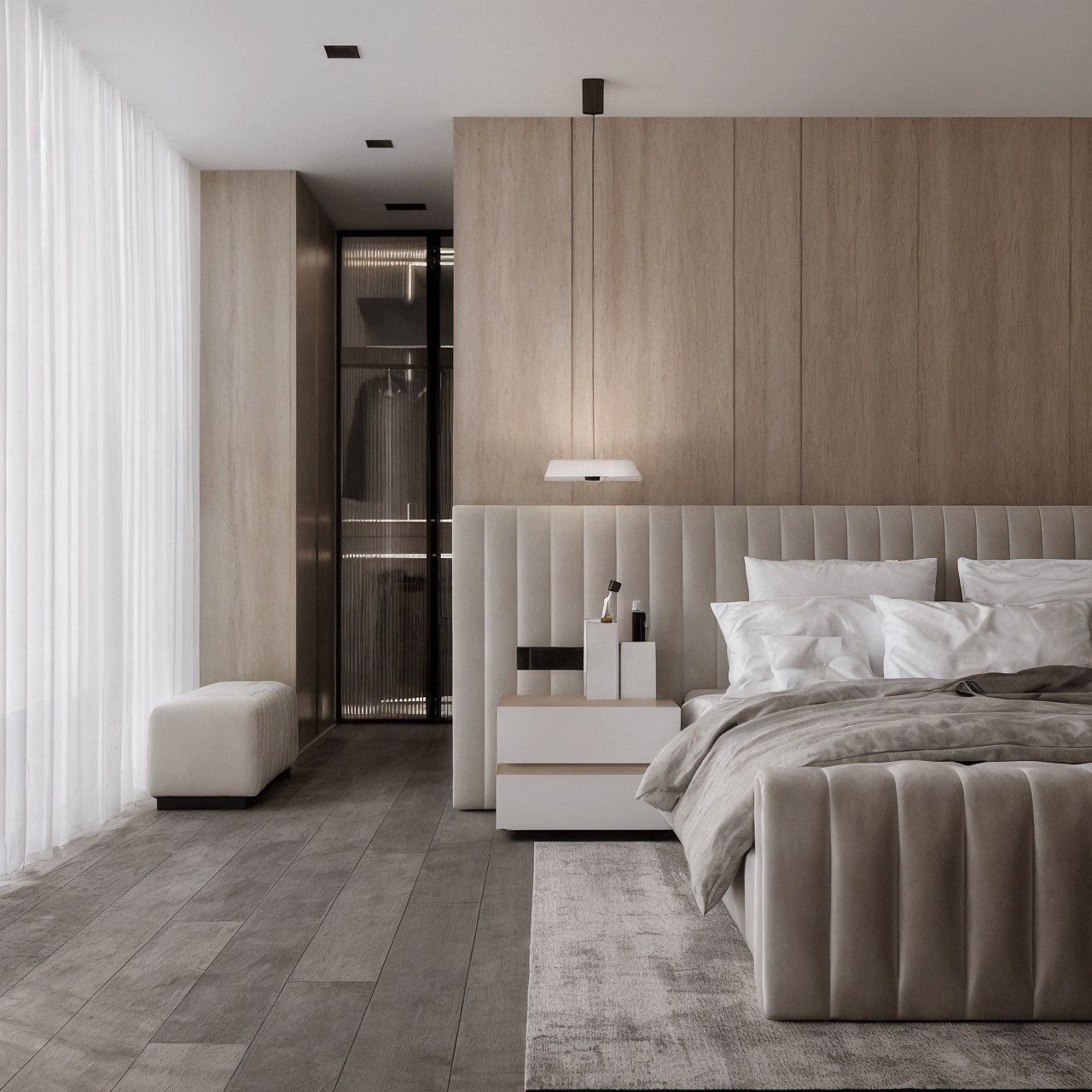Wide bedroom view with upholstered bed, timber cabinetry and glazed wardrobe.